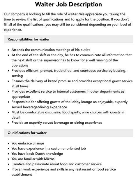 Waiter Job Description .